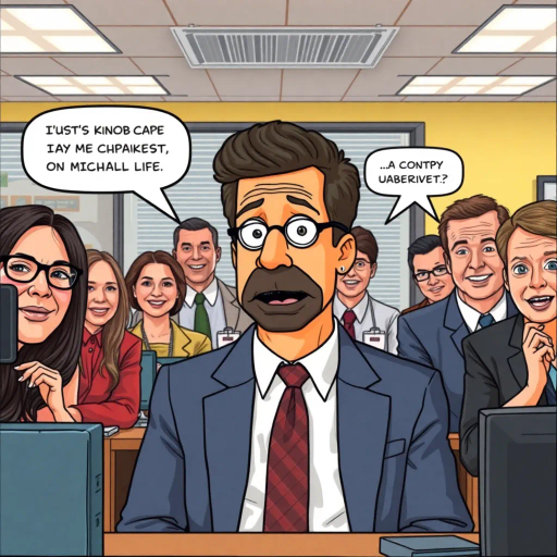 satirical humor, everyday life, workplace dynamics, vibrant colors, exaggerated expressions, quirky characters, Michael Scott, camera angles, documentary style, playful tone, American culture, ensemble cast, office environment, comedic timing, mockumentary feel, panel layout, speech bubbles, visual storytelling, relatable scenarios, improvisational flair, modern setting, emotional undertones, character development, symbolic objects