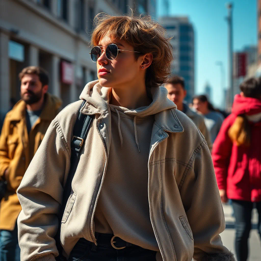 realism, candid, contemporary culture, vivid colors, natural light, urban setting, public space, fashion trends, bold expression, human form, dynamic composition, social commentary, street style, youth culture, casual attire, autumn fashion, contrast, spontaneous movement, cultural diversity, emotional depth, personal identity, modern society, light and shadow play, expressive details, narrative scene