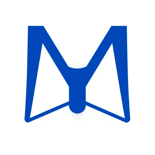 minimal M logo, perspective convergence, depth, hierarchy, solid indigo blue, geometric, modern tech design, flat vector, white background, Bauhaus influences, clean lines, symmetry, contemporary aesthetics, spatial innovation, futurism, precision, abstraction, innovative branding, structural elegance