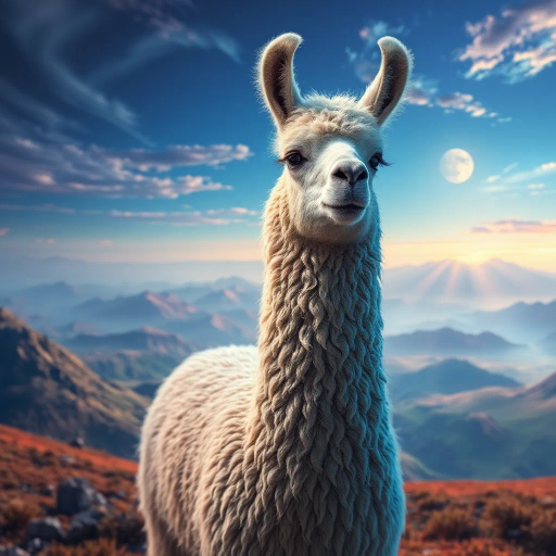 majestic llama, surreal landscape, dramatic lighting, detailed fur texture, enchanting colors, Salvador Dali influences, ethereal glow, mystical presence, vibrant pastels, intricate wool patterns, luminous aura, dreamlike setting, sweeping panoramic view, whimsical essence, mythical creatures, otherworldly terrain, soft and diffuse shadows, playful innocence, elegant posture, transcendent beauty, imaginative environment