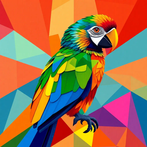 parrot, geometric shapes, vibrant colors, intricate patterns, Pablo Picasso influence, cubism, modern art, detailed feathers, kaleidoscope effect, mosaic texture, harmonious composition, dynamic movement, abstract representation, bold and vivid, interplay of shapes, fragmented forms, surreal imagination, expressive curves, playful symmetry, tropical essence