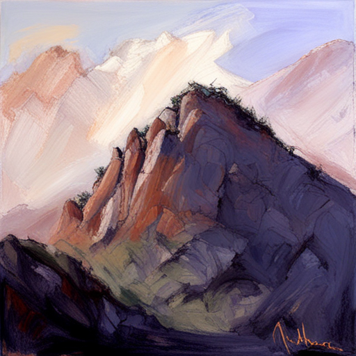 majestic peaks, rugged terrain, atmospheric perspective, muted colors, Impressionism, Hudson River School, light and shadow, texture, acrylic paint, landscape painting, naturalism, serenity, grandeur, scale, plein air, rocky outcroppings, dramatic sky, asymmetry, depth, soft brushstrokes, tranquility painting