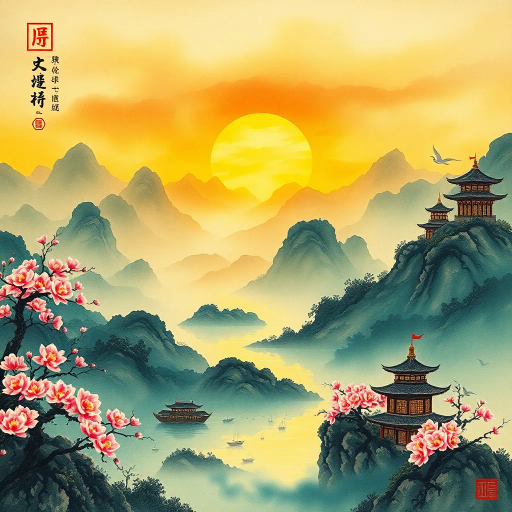 ethereal, ancient Chinese mythology, vibrant dragon scales, misty mountains, traditional ink wash, luminous lanterns, serene pagodas, delicate cherry blossoms, peaceful harmony, guardian spirits, flowing robes, folklore magic, jade hues, celestial beings, mesmerizing aura, celestial harmony, intricate symbolism, legendary heroes, mythical landscapes, harmonious balance