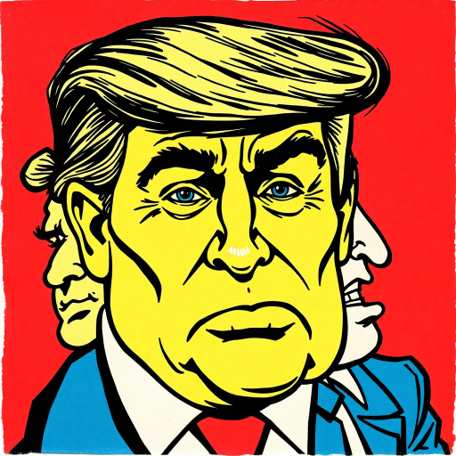 satirical caricature, exaggerated features, political symbolism, vibrant colors, pen-and-ink textures, Roy Lichtenstein influence, pop art era, humor-driven narrative, dynamic composition, bold outlines, American cultural elements, emotionally charged expressions, satirical tone, mid-20th century reference, iconic imagery, energetic line work, visual wit, comic strip aesthetics, subversive commentary, metaphorical elements, pop surrealism, narrative depth, graphic storytelling, pop culture critique, expressive gestures, visual irony, layered symbolism