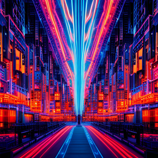 futuristic, artificial intelligence, maximalism, generative art, complex patterns, cyberpunk, machine learning, abstract expressionism, wires and circuits, glitch art, neon colors, data visualization