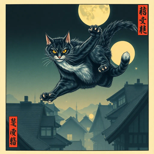 dynamic feline warrior, acrobatic motion, nocturnal adventure, Japanese ukiyo-e influence, moonlit rooftops, shadow and light contrast, surreal expression, stylized elegance, vibrant energy, precise linework, Edo period ambiance, swift movement, dramatic perspective, urban landscape, atmospheric tension, mysterious aura, textured fur detail, masterful agility, cultural richness, narrative depth, focused gaze, balanced composition, fluid grace