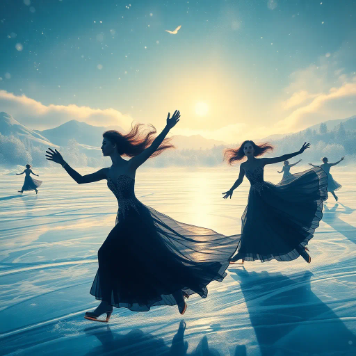 winter landscape, graceful skater, Olympic competition, dynamic motion, surreal elegance, glistening ice, dramatic lighting, vibrant colors, fluid movement, delicate balance, modern artistry, celebratory atmosphere, sportsmanship, international influence, precise technique, Alexander Calder inspiration, futuristic design, cold palette, geometric patterns, sweeping lines, epic scale, abstract realism, vivid textures, harmonious composition