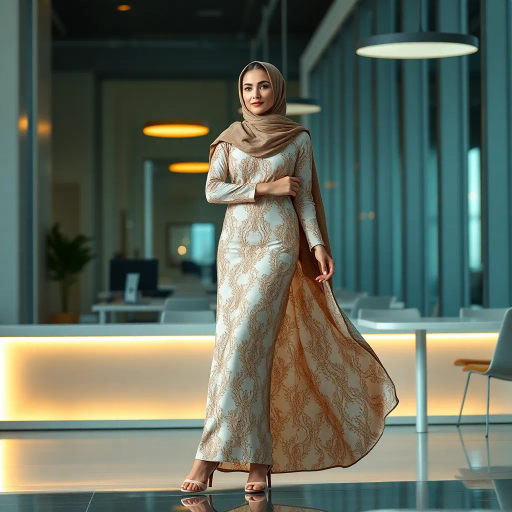 elegant Arab woman, contemporary fashion, hijab, professional attire, modern workplace, high heels, Middle Eastern influence, vibrant colors, soft ambient lighting, dynamic posing, cultural expression, delicate textiles, confident and empowering presence, sophisticated grace, diverse cultural representation, fusion of modern and traditional elements, cultural fusion, empowerment and poise, Impressionism influences, Gustav Klimt inspiration, Art Nouveau elegance, intricate patterns, intricate detailing, vibrant color palette, symbolic attire, office environment, balance and harmony, dynamic composition, surreal lighting, cultural narrative, refined textures, bold symbolism, artistic influences, multicultural dialogue, striking balance, expressive realism, innovative representation, unique fashion, delicate balance, harmonious color palette