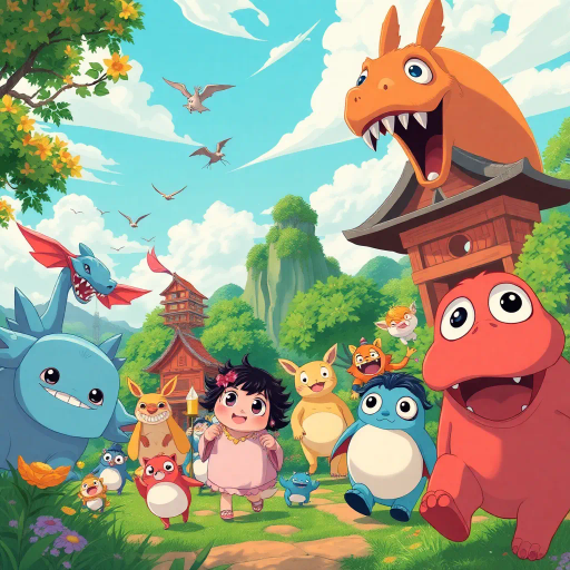 vibrant colors, dynamic composition, Studio Ghibli inspiration, detailed environments, expressive character designs, emotional depth, fantastical themes, cultural motifs, fluid motion, nostalgic atmosphere, distinctive line art, otherworldly settings, intricate detailing, magical realism, retro-futuristic elements, storytelling focus, character-driven narrative, visual storytelling, imaginative landscapes, enchanting creatures