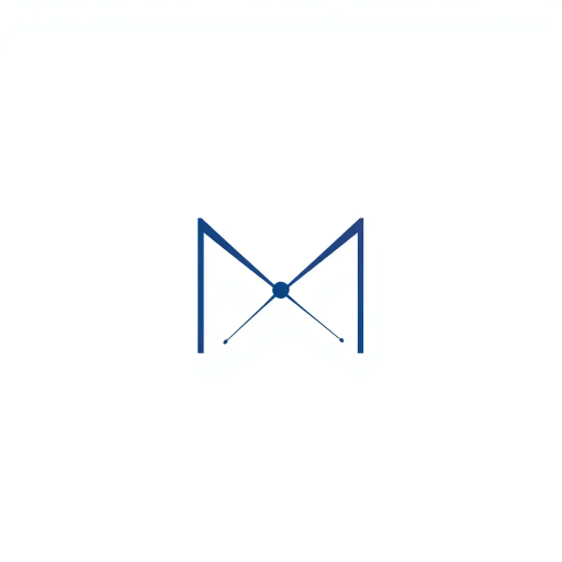abstract letter M logo, parent node, child nodes, thin branching lines, tree hierarchy, indigo gradient, minimal vector design, white background, geometric abstraction, modernist influence, Bauhaus, clean lines, connection symbolism, hierarchical structure, conceptual design, negative space, visual balance, contemporary aesthetics