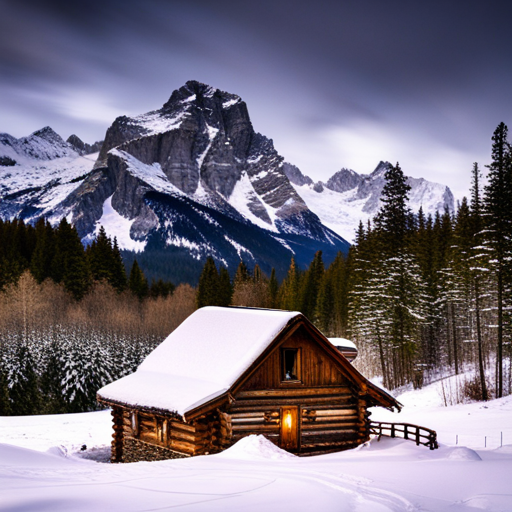 majestic, serene, landscape, peaceful, remote, solitude, cozy, rustic, wooden, cabin, mountains, nature, escape, retreat, tranquility, forest, trees, snow-capped peaks, scenic, enhance, digital art