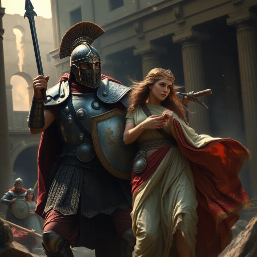 ancient Rome, Sack of Rome 410 CE, Visigothic warrior, Roman lady, dramatic tension, historical narrative, epic composition, chiaroscuro lighting, rich textures, vivid colors, romanticism, classicism, dramatic movement, cultural clash, historical saga, detailed armor, flowing Roman robes, emotional intensity, symbolic imagery, layered composition, heroic scale, classical architecture backdrop, dynamic interactions, historical realism, artistic storytelling, power and grace, clash of civilizations, evocative mood, intricate detailing, timeless conflict, artistic depth, dramatic contrast