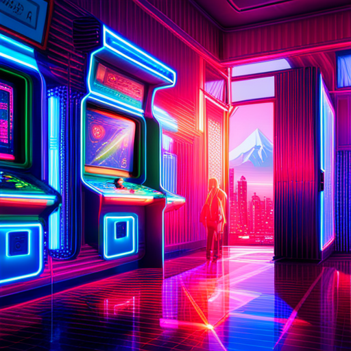 psychedelic colors, futuristic neon lights, megastructures, retrofuturism, cyberpunk, arcade machines, generation, chaos, digital sparks, rhythmical patterns