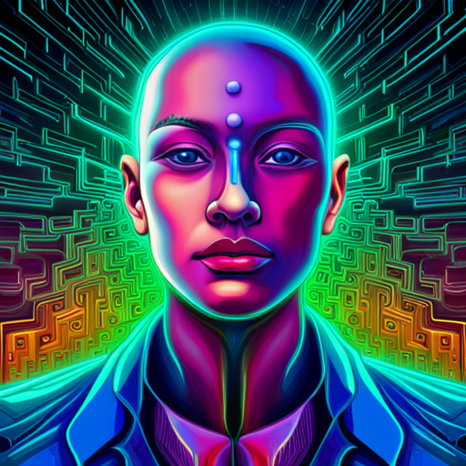 AI programming in a singularity matrix, exploring the boundaries of identity and consciousness through vivid colors and abstract shapes with hints of cyberpunk and postmodernism