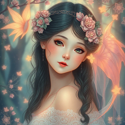 innocent young maiden, charming elegance, ethereal glow, inspired by Yoshitaka Amano, whimsical fantasy, serene ambiance, soft pastel hues, delicate brushwork, intricate lace textures, dreamlike scene, luminous lighting, gentle perspective, emotional warmth, magical atmosphere, fairy tale influences, graceful pose, art nouveau curves, enchanting forest backdrop, mythical creatures, serene expression
