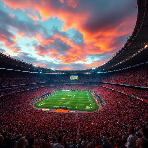 majestic, football stadium, panoramic view, vibrant energy, modern architecture, vast crowd, immersive atmosphere, dynamic lighting, vivid colors, iconic sports venue, dramatic sky, high-detailed textures, lively movement, cultural spectacle, wide-angle perspective, epic scale, contemporary design, exhilarating moment, sporting tradition, architectural grandeur