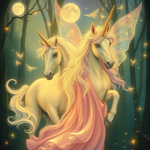 ethereal unicorns, mystical fairies, serene princess, vibrant colors, glowing auras, Arthur Rackham influences, whimsical nature, enchanting forest, moonlit glow, delicate textures, mythical creatures, magical realism, fantasy realms, luminous sparkles, elegant gowns, dreamlike atmosphere, surreal landscapes, intricate details, imaginative storytelling, fantasy narratives, enchanted kingdoms, majestic horn, gentle elegance, medieval fantasy, fairytale essence, pastel hues, harmonious composition, light and shadow play, otherworldly beauty, fantastical elements