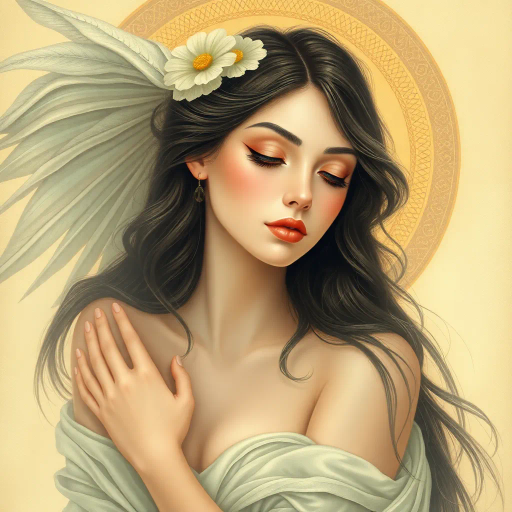 ethereal feminine figure, inspired by Alphonse Mucha, art nouveau elegance, flowing lines, gentle curves, pastel tones, soft lighting, delicate textures, serene expression, grace and poise, mythical allure, elegant composition, harmonious balance, captivating beauty, dreamlike ambiance, timeless elegance, detailed ornamentation, subtle symbolism, classical influences, refined artistry