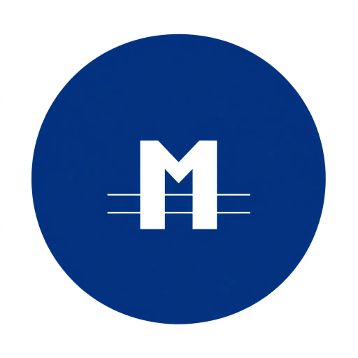 bold M logo mark, solid geometric letter, structured layers, subtle thin horizontal connector lines, indigo on white, modern minimal SaaS branding, flat vector, modernist simplicity, Bauhaus influence, clean design, minimalist aesthetics, structured composition, primary color palette, geometric precision, visual balance, negative space utilization, corporate identity, digital branding, contemporary design language, clarity in form