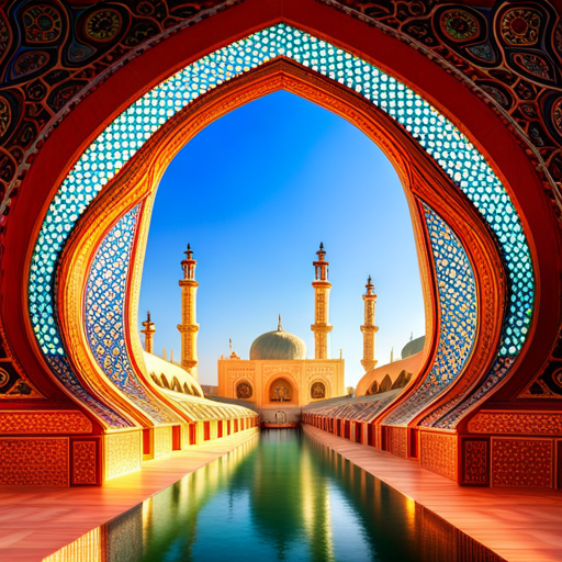 Two mosques, with a digital clock attached to each mosque, isometric view, architectural design, geometric shapes, Islamic architecture, minarets, domes, symmetry, arabesque patterns, calligraphy, marble flooring, arches, prayer halls, courtyard, spires, Islamic art, religious symbols, spiritual ambiance, golden accents, intricate details