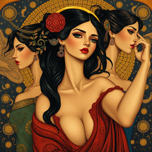 Renaissance elegance, ethereal beauty, chiaroscuro lighting, vibrant palette, emotional resonance, delicate brushstrokes, feminine grace, soft textures, Vermeer influence, serene expression, intricate details, dynamic composition, mystical aura, warm and cool contrasts, classical aesthetic, dreamlike atmosphere, flowing fabrics, cultural nuance, empowered presence, timeless portrait