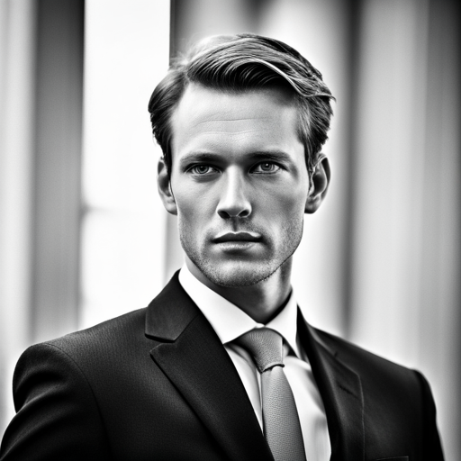 HR, portrait, professional, corporate, black and white, natural lighting, high resolution, headshot, business attire, serious expression, confident, minimalistic background, sharp focus