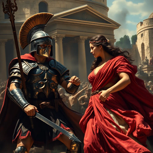 ancient Rome, Sack of Rome 410 CE, Visigothic warrior, Roman lady, dramatic tension, historical narrative, epic composition, chiaroscuro lighting, rich textures, vivid colors, romanticism, classicism, dramatic movement, cultural clash, historical saga, detailed armor, flowing Roman robes, emotional intensity, symbolic imagery, layered composition, heroic scale, classical architecture backdrop, dynamic interactions, historical realism, artistic storytelling, power and grace, clash of civilizations, evocative mood, intricate detailing, timeless conflict, artistic depth, dramatic contrast