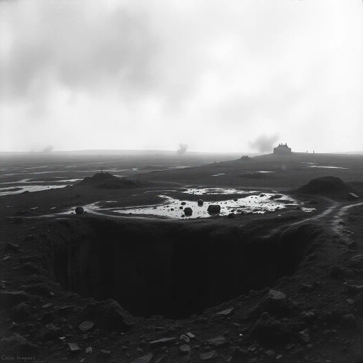 World War 1, shell hole, muddy landscape, desolation, somber mood, realism, historical context, war-torn terrain, intricate textures, Claude Monet, chiaroscuro lighting, melancholic ambiance, earthy tones, vast emptiness, erosion, scattered debris, rain-washed, dynamic composition, distant horizon, European landscape, trench warfare, atmospheric depth, intricate detail, raw emotion, layered complexity, emotive storytelling, ephemeral nature, wet ground, war remnants, reflective surfaces