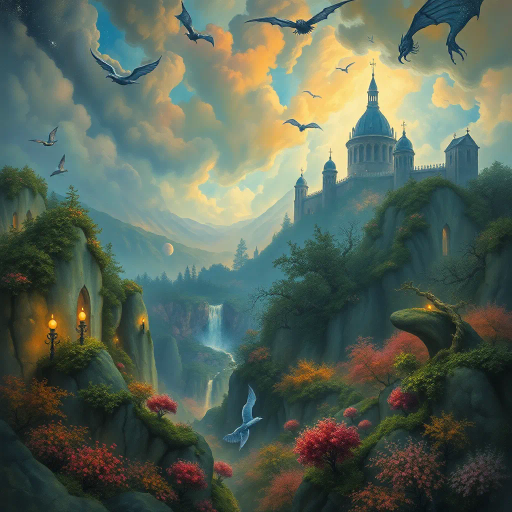 mythical creatures, enchanted forest, glowing ethereal light, intricate details, vibrant colors, magical realism, J.R.R. Tolkien influence, surreal landscapes, dreamlike atmosphere, whimsical elements, Baroque art influence, dynamic composition, ornate textures, mystical symbols, Arthurian legends, imaginative storytelling, celestial motifs, magical aura, otherworldly beauty, grand scale, immersive environment, enchanted castle, romanticism, allegorical themes, luminous glow, fine brushwork, visionary art