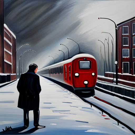 a snowy landscape with a train passing through, inspired by Kees Maks' figurative oil on canvas paintings, capturing the beauty of a winter day with detailed brushwork and a mix of acrylic and oil paints, showcasing the contrast between the white snow and the colorful locomotive