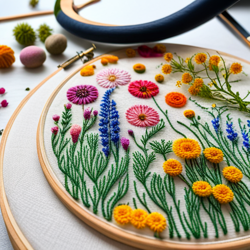 embroidery, pattern, wildflower meadow, delicate stitches, intricate detailing, vibrant colors, nature-inspired, textile art, organic shapes, traditional craft, vintage aesthetic, botanical elements, floral composition, intricate patterns, artistic embellishments, meadow grass, lush foliage, fine craftsmanship