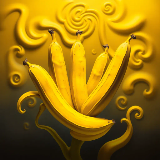 surreal bananas, vivid colors, Salvador Dali influence, dreamlike atmosphere, whimsical shapes, intricate details, organic textures, glowing highlights, ethereal lighting, imaginative arrangement, vibrant yellows and greens, playful mood, flowing curves, artistic symbolism, fantastical nature, otherworldly scene, dynamic perspective, fluid lines, imaginative presentation