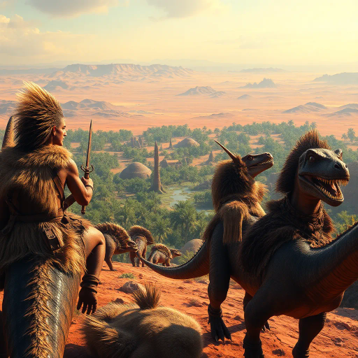 prehistoric warriors, wearing animal hides, riding dinosaurs, lush oasis, distant desert view, surreal landscape, dramatic lighting, vibrant colors, textured skins, dynamic composition, Jules Verne, fantasy adventure, sense of scale, epic journey, cinematic framing, mythical creatures, imaginative setting, rich details, mysterious ambiance, movement and energy, vast arid landscape, contrast between life and barrenness
