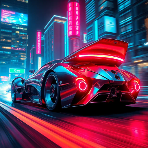 futuristic car design, sleek lines, chrome finish, vibrant neon highlights, dramatic lighting, dynamic movement, aerodynamic shape, retro-futurism, precision engineering, urban environment, concept art, high-tech materials, hyper-realistic detailing, modern aesthetics, speed and agility, metallic textures, ambient atmosphere, avant-garde composition, illuminated cityscape, art deco influences