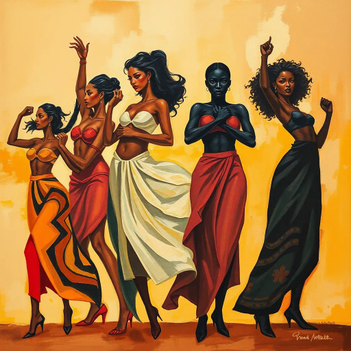 empowered figures, diverse representation, dynamic poses, harmonious balance, vibrancy, expressionism, compelling silhouettes, fluid movement, contemporary influences, engaging composition, striking contrasts, warm tones, intricate patterns, detailed textures, bold forms, inclusive art, cultural resonance, emotive expression, confident demeanor, organic shapes, layered depth, modern art, vibrant energy, artistic celebration