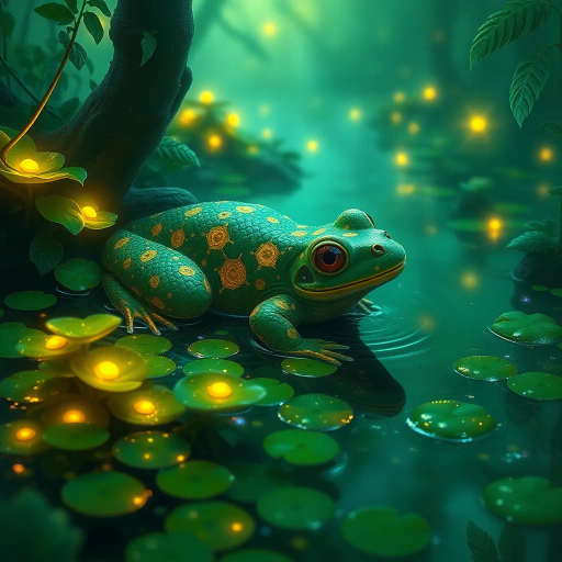 surreal amphibian, vibrant greens, mystical pond, detailed textures, luminescent glow, Claude Monet, fantasy world, bioluminescent plants, ethereal lighting, dreamlike atmosphere, whimsical scenery, delicate brushstrokes, aquatic enchantment, magical realism, forest habitat, shimmering reflections, warm and cool contrasts, microcosmic universe, organic shapes, gentle ripples, enchanted creatures, storytelling composition, mythical environment