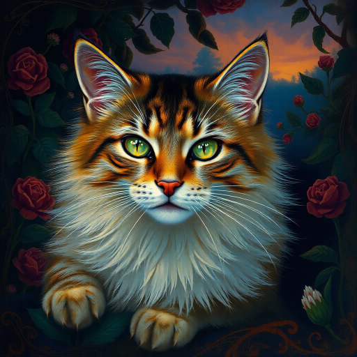 serene feline, John Singer Sargent, surrealism, twilight, chiaroscuro, vibrant colors, texture of fur, detailed whiskers, mystical aura, expressive eyes, magical ambiance, lush garden, ornate patterns, ethereal glow, dreamlike quality, impressionist touch, gentle movement, poetic essence, emotional depth, intricate composition, whimsical spirit