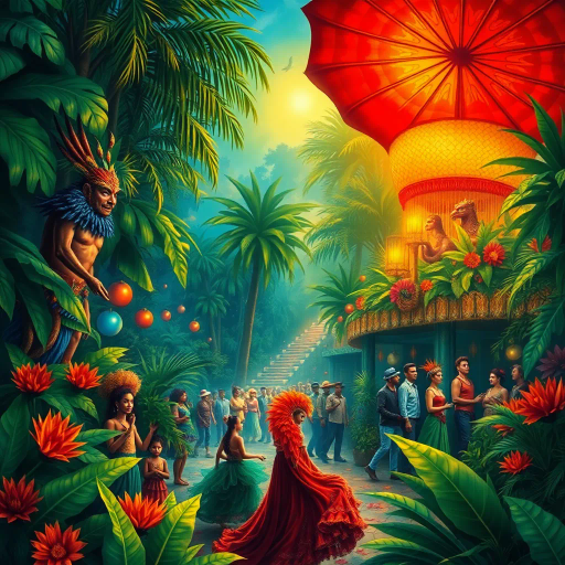 vibrant carnival, amazon jungle, lush greenery, rich cultural tapestry, Carmen Miranda, surrealism, tropical hues, dynamic movement, rhythmic energy, expressive colors, intricate patterns, lively street scenes, samba dancers, exotic wildlife, atmospheric perspective, detailed textures, magical realism, cultural diversity, spirited festivities, radiant sunlight, complex compositions, whimsical elements, bold palettes, mystical atmosphere, fantastical landscapes, tropical flora and fauna