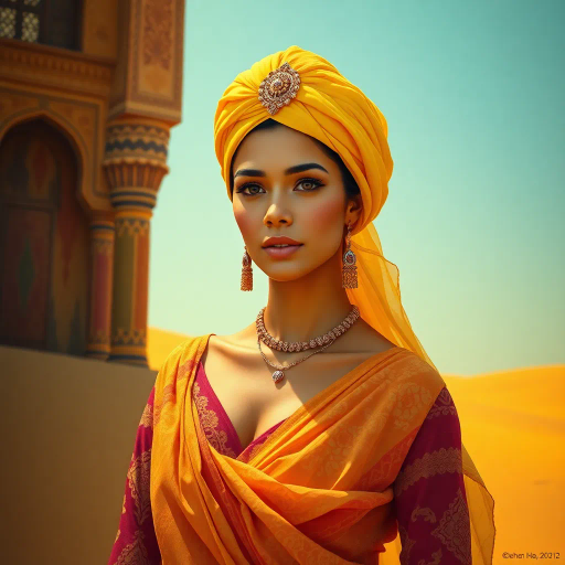 Arabian beauty, vibrant colors, flowing garments, intricate designs, warm lighting, exotic elegance, Henri Matisse influences, rich textures, cultural fusion, contemporary elements, radiant atmosphere, captivating gaze, dynamic movement, ornate patterns, harmonious balance, desert essence, vibrant allure, ethereal quality, sophisticated charm