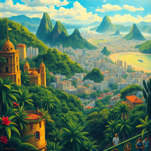 vibrant rainforest, sprawling cityscapes, Rio Carnival celebration, modernist architecture, Tarsila do Amaral, tropical paradise, lush landscapes, Samba rhythm, vivid color palettes, dynamic movement, cultural fusion, vibrant street art, warm sunlight, Copacabana beach, panoramic views, rich biodiversity, Botero-inspired figures, expressive brushstrokes, Amazon River, intricate textures, joyous atmosphere, cultural heritage, Henri Rousseau influence, energetic composition