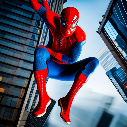 Spiderman, superhero, Marvel, action, comic book, illustration, webs, red and blue, dynamic, motion, New York City, skyscrapers, cityscape, urban, swinging, agility, acrobatic, web-slinging, crime-fighting, masked vigilante, Marvel Cinematic Universe, Stan Lee, Steve Ditko, pop art, sequential art