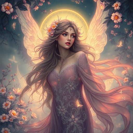 ethereal maiden, pre-raphaelite influences, intricate detailing, warm pastels, flowing drapery, serene expression, enchanted forest, dappled sunlight, soft brushstrokes, whimsical elegance, natural harmony, romanticism, subtle mysticism, organic textures, dreamlike atmosphere, enchanting aura, serene woodland, nature's embrace, idyllic beauty, harmonious composition, gentle movement, timeless grace