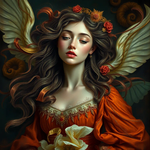 Renaissance influence, vibrant color palette, chiaroscuro lighting, flowing lines, ethereal presence, expressive portraiture, surreal elements, intricate detailing, Baroque ornamentation, dynamic movement, emotional depth, mythical aura, art nouveau curves, gold accents, soft brushstrokes, timeless elegance, historical clothing, narrative composition, dreamlike atmosphere, realistic textures