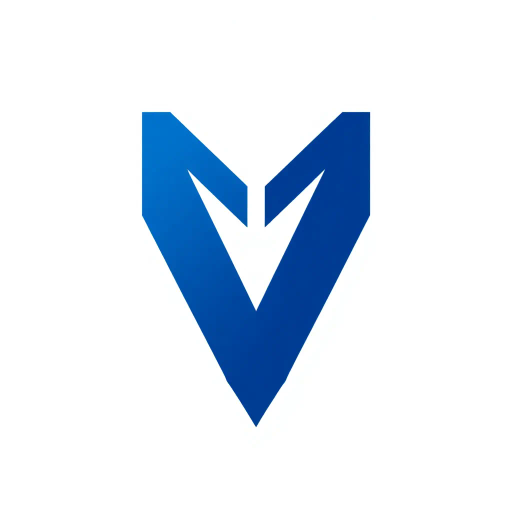 minimal M logo, perspective convergence, depth, hierarchy, solid indigo blue, geometric, modern tech design, flat vector, white background, Bauhaus influences, clean lines, symmetry, contemporary aesthetics, spatial innovation, futurism, precision, abstraction, innovative branding, structural elegance