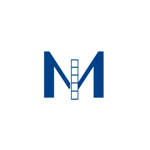 abstract, minimalist logo, geometric letter M, thin horizontal lines, hierarchy, ladder rungs, solid indigo blue, crisp vector design, white background, modern typography, Bauhaus influence, clean composition, precise geometry, vector graphics, contemporary aesthetic, graphic design, minimalism, line weight variation, symbolic representation, structured layout
