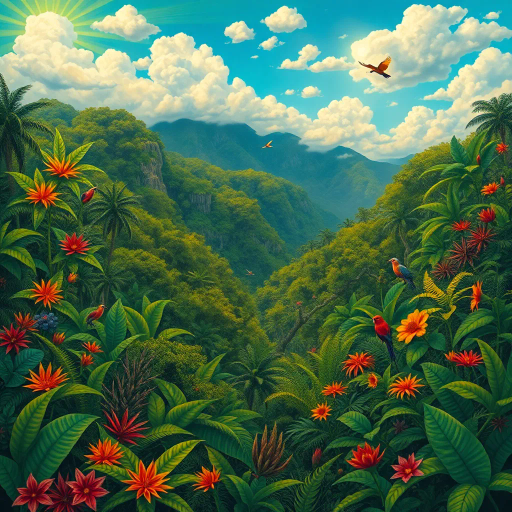 vivid rainforests, carnival atmosphere, vibrant colors, intricate details, lush foliage, rich cultural heritage, magical realism, Brazilian landscape, surreal clouds, tropical wildlife, Henri Rousseau influence, rhythmic movement, radiant sunlight, festive mood, intricate patterns, exotic birds, mythical elements, celebratory spirit, tropical flora, samba rhythm, enchanting scenery