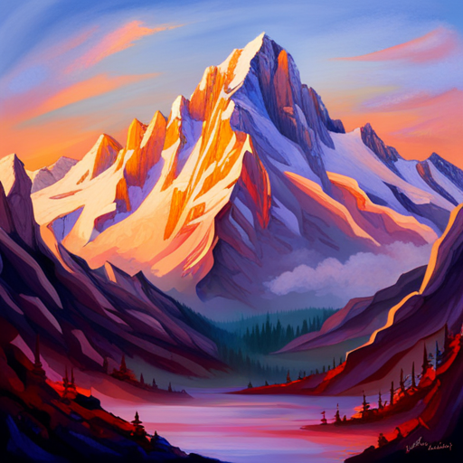 majestic peaks, rugged terrain, misty valleys, frigid air, vibrant sunrise, atmospheric perspective, color theory, topographical map, vanishing point, chiaroscuro, ethereal clouds, hyperrealistic details, texture mapping, naturalism, tonal values, contemplative mood, sublime beauty, panoramic view, historical painting techniques, capturing light, landscape painting, grandeur of nature