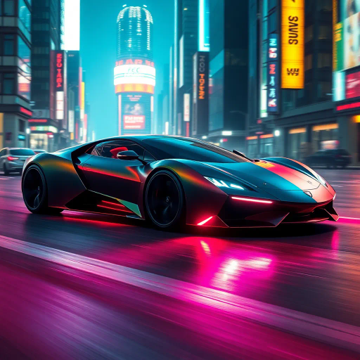 futuristic car design, sleek lines, chrome finish, vibrant neon highlights, dramatic lighting, dynamic movement, aerodynamic shape, retro-futurism, precision engineering, urban environment, concept art, high-tech materials, hyper-realistic detailing, modern aesthetics, speed and agility, metallic textures, ambient atmosphere, avant-garde composition, illuminated cityscape, art deco influences