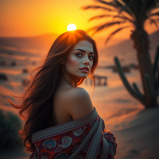 mysterious desert ambiance, sultry allure, arabian influence, exotic beauty, warm sunset glow, intricate patterns, delicate veils, rich golds and indigos, Henri Matisse inspiration, sensual curvature, dynamic movement, inspired by fiction and fantasy, opulent textures, fluid silks, contrast of light and shadow, intimate and bold, art nouveau elegance, sensual exploration, distant dunes, whispers of wind, cultural mystique, intricate henna designs, ethereal essence, graceful poise, visual poetry, emotive depth