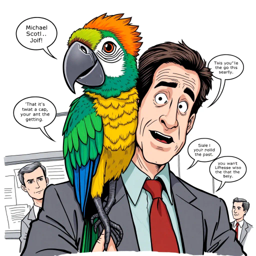 Michael Scott, parrot with vibrant plumage, humorous expression, dynamic composition, satirical and witty tone, Steve Carell, sketch-like outlines, exaggerated facial features, playful and vibrant mood, pop art style, The Office TV show influences, American office environment, character-centric narrative, lighthearted ambiance, witty and engaging dialogue, Dunder Mifflin setting, ensemble cast dynamics, mockumentary elements, quirky everyday life scenarios, subtle irony, vibrant color palette, humorous and absurd interplay, satirical humor, exaggerated expressions, office antics, relatable yet humorous paper company setting, Jim Halpert, Pam Beesly, Dwight Schrute, dynamic panels, sequential art story, expressive line work, cultural phenomenon, iconic quirky personalities, comedic timing, deadpan expressions, pop culture references, workplace relationships, mundane yet charming scenarios, round camera angles, vibrant storytelling, humor-driven narratives